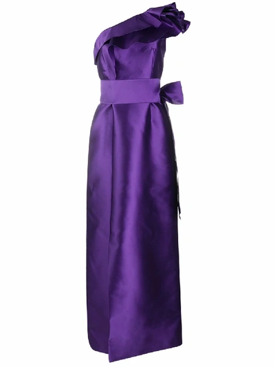 Shop Alberta Ferretti Ruffle-shoulder Satin Gown In Purple