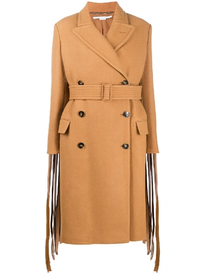 Shop Stella Mccartney Fringed-sleeve Double-breasted Wool Coat In Brown