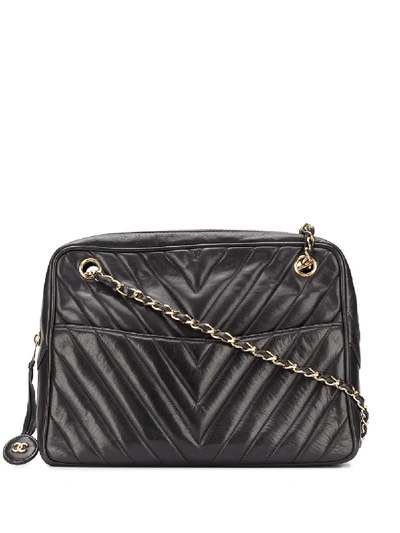 Pre-owned Chanel 1980s Chevron-quilting Shoulder Bag In Black