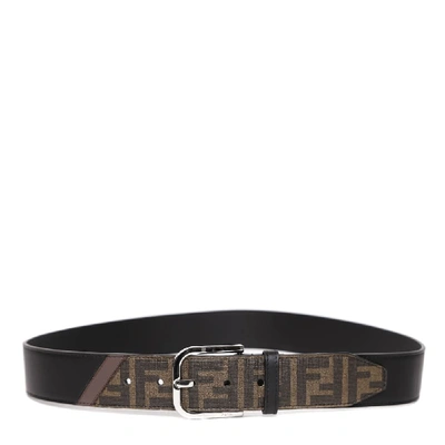 Shop Fendi Black &amp; Brown Leather &amp; Fabric Ff Belt In Tab+mores+nr+p