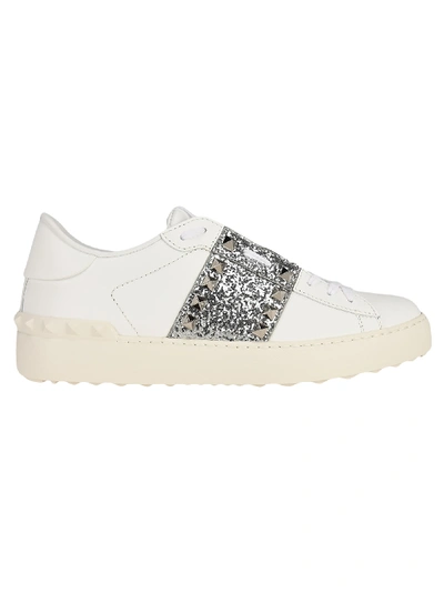 Shop Valentino Rockstud Glitter Sneaker In White/silver