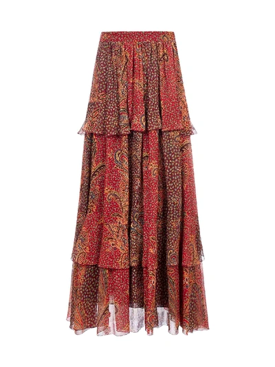 Shop Etro Breton Paisley-print Tiered Silk Skirt In Rosso