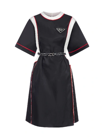 Shop Prada Logo-plaque Re-nylon Dress In Nero Bianco