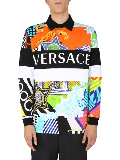 Shop Versace Long Sleeved Polo Shirt In Multicolor