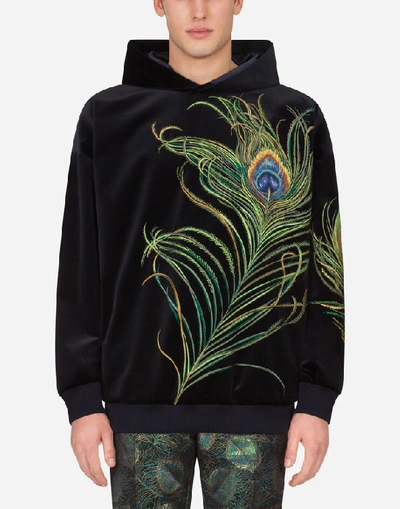 Shop Dolce & Gabbana Velvet Hoodie With Feather Embroidery