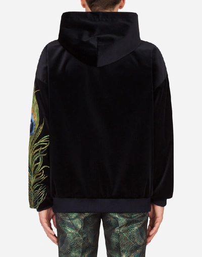 Shop Dolce & Gabbana Velvet Hoodie With Feather Embroidery