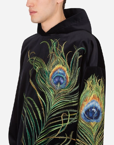 Shop Dolce & Gabbana Velvet Hoodie With Feather Embroidery