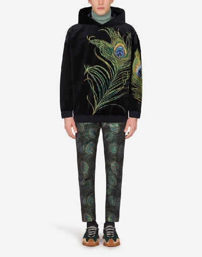 Shop Dolce & Gabbana Velvet Hoodie With Feather Embroidery