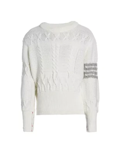 Shop Thom Browne Stripe Aran Cable-knit Merino Wool Sweater In White