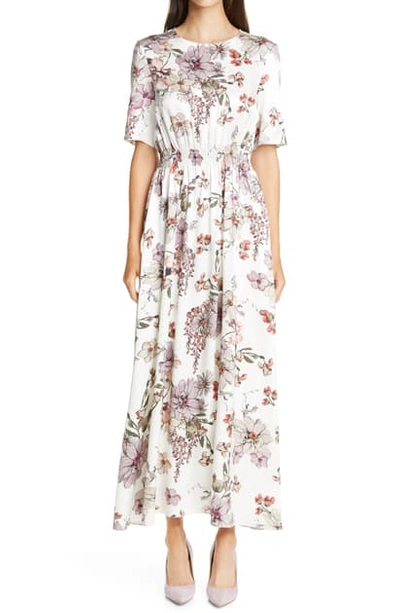 Shop Adam Lippes Floral Print Smocked Waist Maxi Dress In White Floral