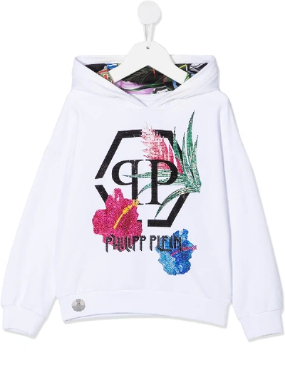 Shop Philipp Plein Junior Embellished Floral Print Hoodie In White