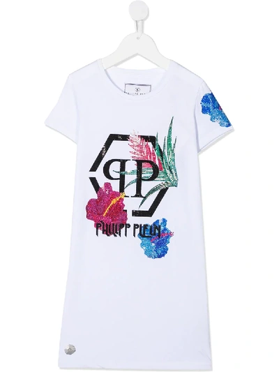 Shop Philipp Plein Junior Floral Logo Print T-shirt Dress In White
