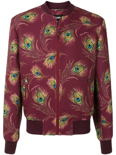 Shop Dolce & Gabbana Peacock Feather Print Bomber Jacket In Red
