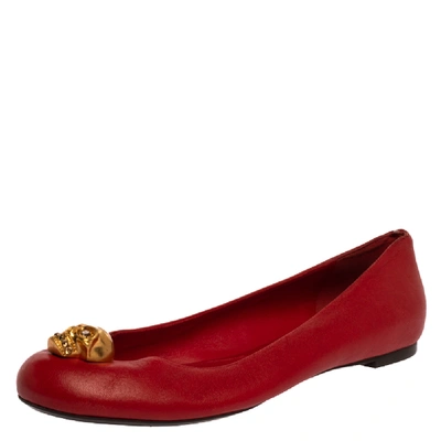 Pre-owned Alexander Mcqueen Red Leather Skull City Ballet Flats Size 39