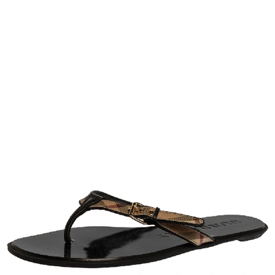 Pre-owned Burberry Black Leather And House Check Canvas Masie Belted Check Thong Sandals Size 37