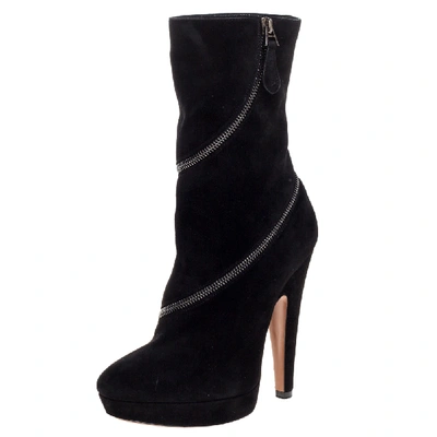Pre-owned Alaïa Black Suede Zip Around Ankle Boots Size 37.5