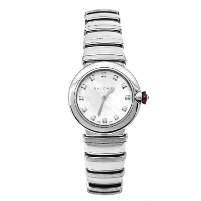Pre-owned Bvlgari White Mother Of Pearl Stainless Steel Lvcea Lu28s Women's Wristwatch 28 Mm In Silver