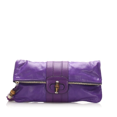 Shop Gucci Bamboo Leather Clutch Bag In Purple