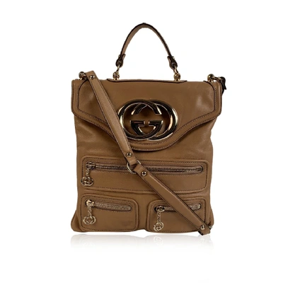 Shop Gucci Beige Leather Britt Messenger Gg Logo Shoulder Bag In Brown