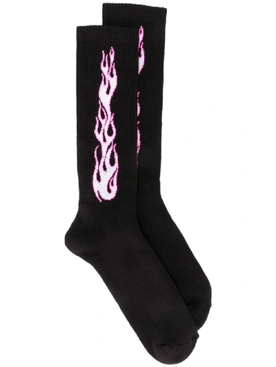 Shop Palm Angels Black And Pink Flame Socks