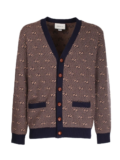 Shop Gucci Blue/brown Wool Cardigan