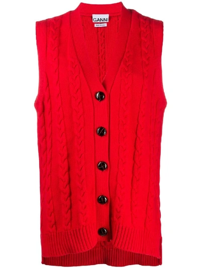 Shop Ganni Cable Knit Sleeveless Jumper In Red