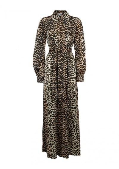 Shop Ganni Leopard Silk Dress In Brown
