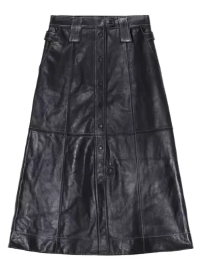 Shop Ganni Lamb Leather Midi Skirt In Black