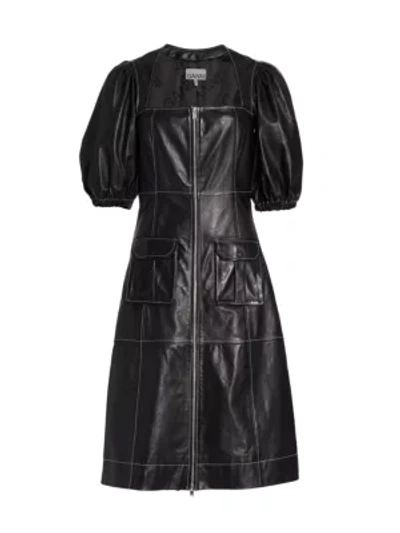 Shop Ganni Puff-sleeve Panelled Leather Dress In Black