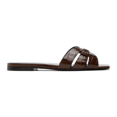 Shop Saint Laurent Brown Croc Tribute Flat Sandals In 6023 Dkbrow