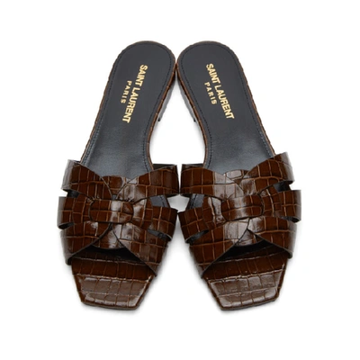 Shop Saint Laurent Brown Croc Tribute Flat Sandals In 6023 Dkbrow