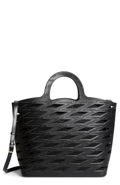 Shop Balenciaga Neo Logo Embossed Cutout Basket Tote In Black