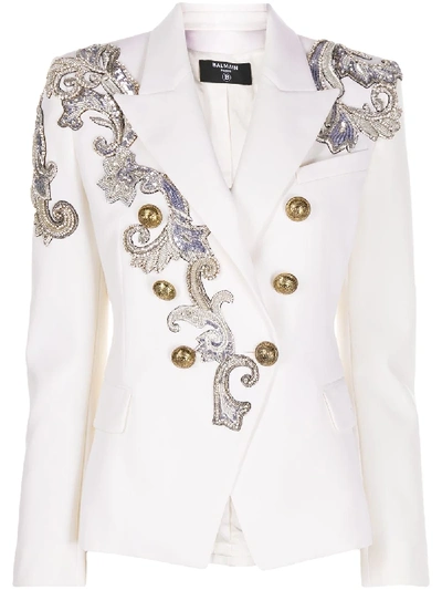 Shop Balmain Bead-embellished Double-breasted Blazer In White