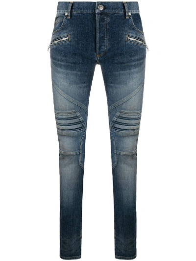 Shop Balmain Biker Skinny Jeans In Blue