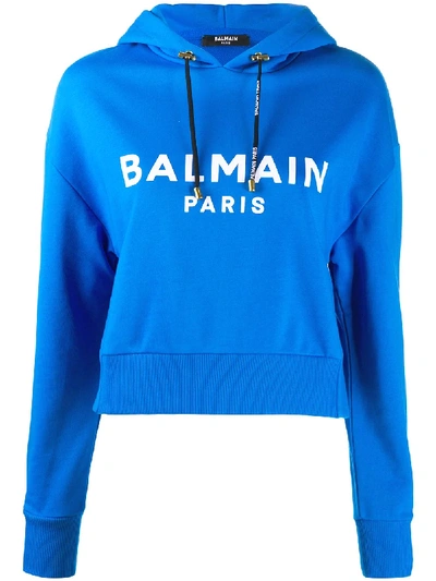 Shop Balmain Cropped Logo Print Hoodie In Blue