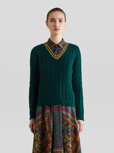 Shop Etro Cabled Wool Jumper In Green