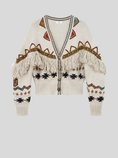 Shop Etro Cardigan With Fringe And Inlays In Beige