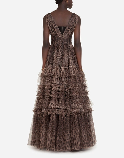 Shop Dolce & Gabbana Long Tulle Dress With Leopard Print In Animal Print