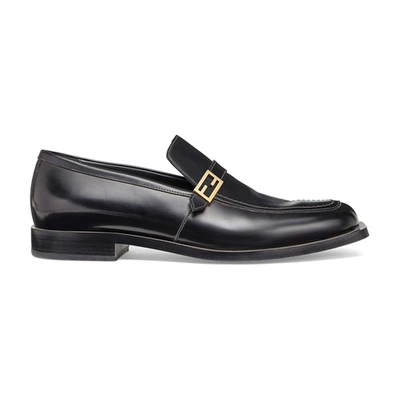 Shop Fendi Black Leather Loafers In Noir