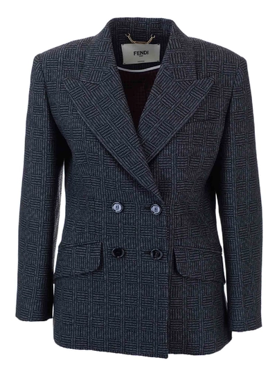 Shop Fendi Double-breasted Checked Blazer In Blue