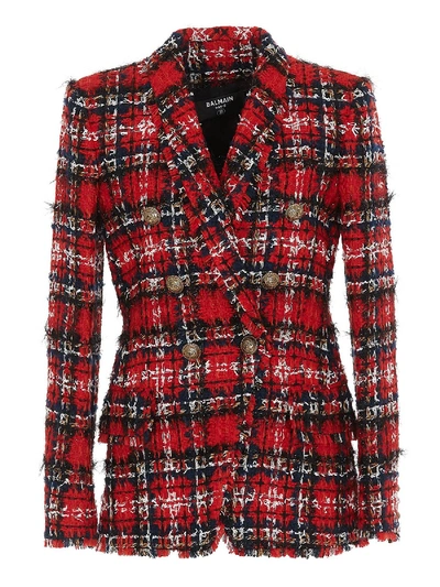 Shop Balmain Tweed Double-breasted Blazer In Red