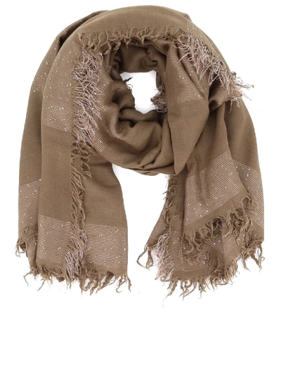 Shop Peserico Sequined Wool Blend Scarf In Camel Colour