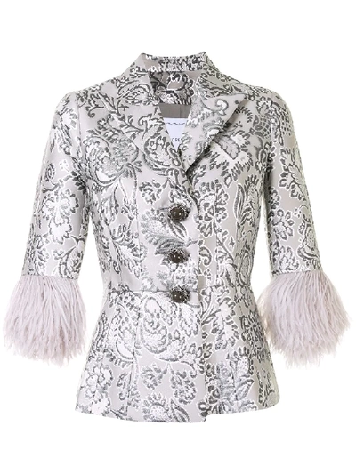 Shop Andrew Gn Floral Brocade Feather Cuff Jacket In Silver