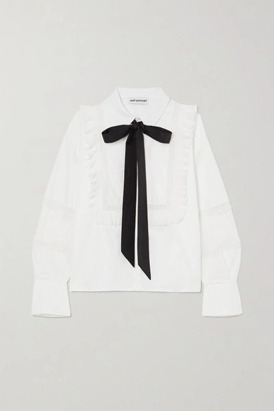 Shop Self-portrait Bow-detailed Lace-trimmed Ruffled Cotton-poplin Shirt In White