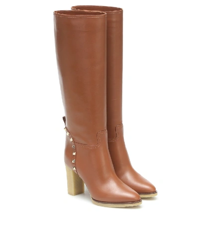Shop Valentino Rockstud Leather Knee-high Boots In Brown