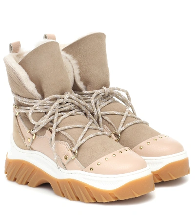 Shop Inuikii Suede And Shearling Ankle Boots In Beige