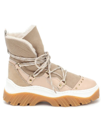Shop Inuikii Suede And Shearling Ankle Boots In Beige