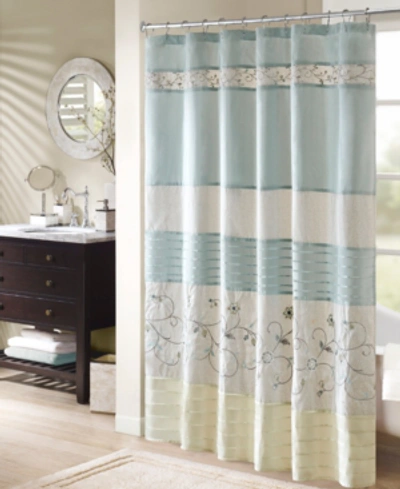 Shop Madison Park Serene Embroidered Floral Faux Silk Shower Curtain, 72" X 72" Bedding In Aqua