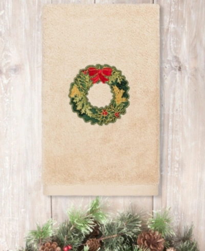 Shop Linum Home Christmas Wreath Embroidered 100% Turkish Cotton Hand Towel In Sand