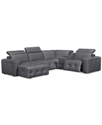 Shop Furniture Closeout! Haigan 5-pc. Leather Chaise Sectional Sofa With 2 Power Recliners, Created For Macy's In Charcoal